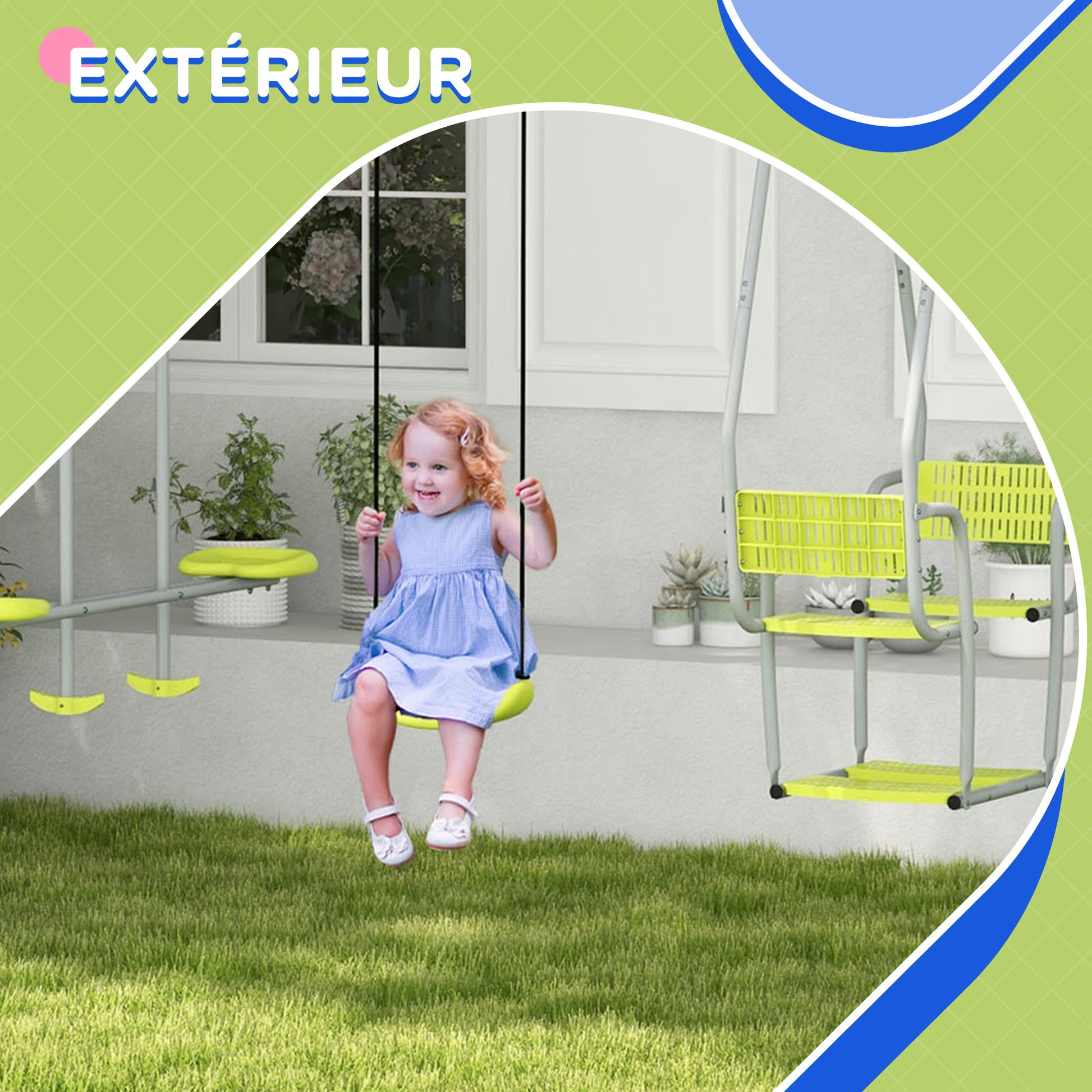 3-in-1 Children's Swing Set with 1 Regular Seat and 3 Swings, Metal Frame, Max Load 225 kg, Outdoor Play Area, Green