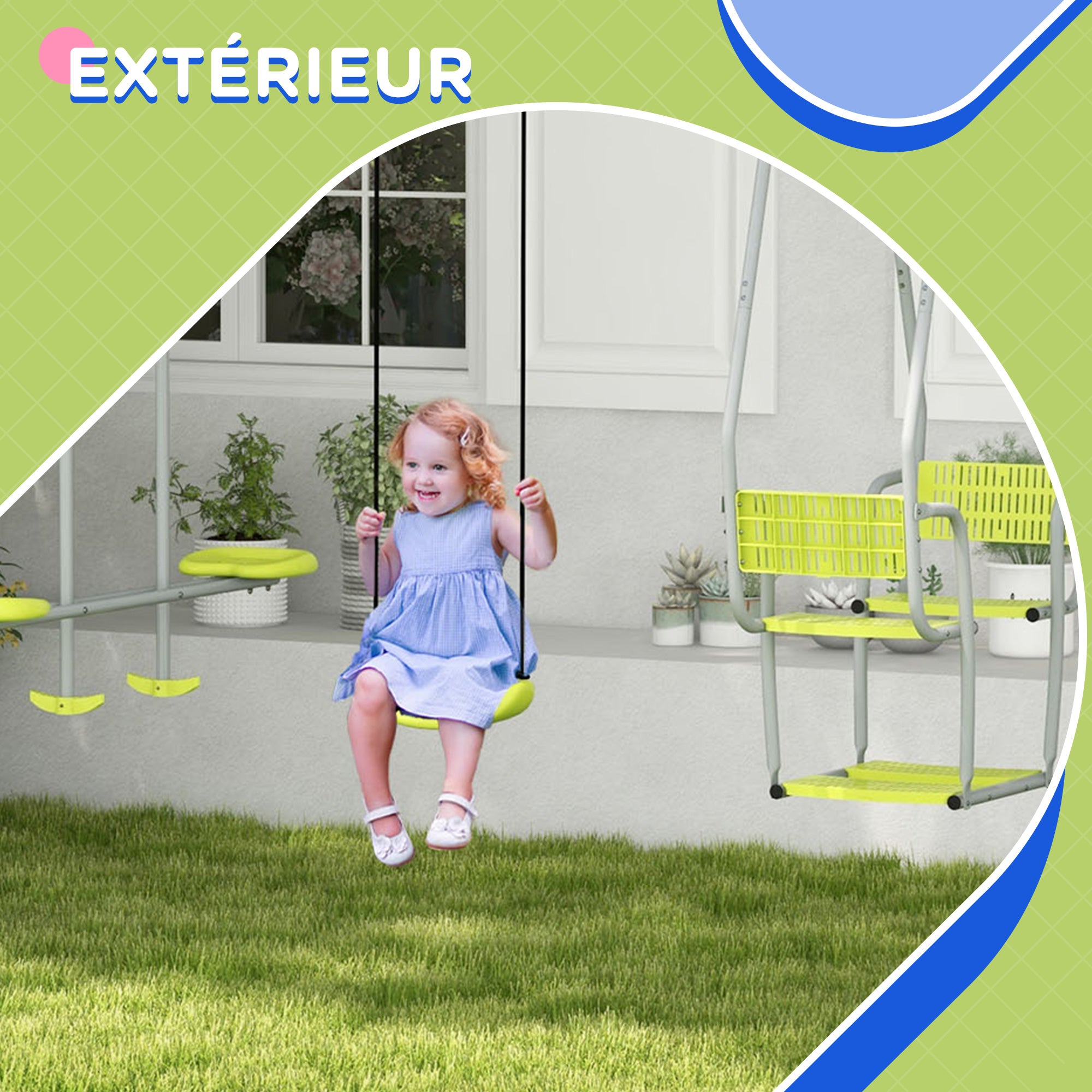 3-in-1 Children's Swing Set with 1 Regular Seat and 3 Swings, Metal Frame, Max Load 225 kg, Outdoor Play Area, Green