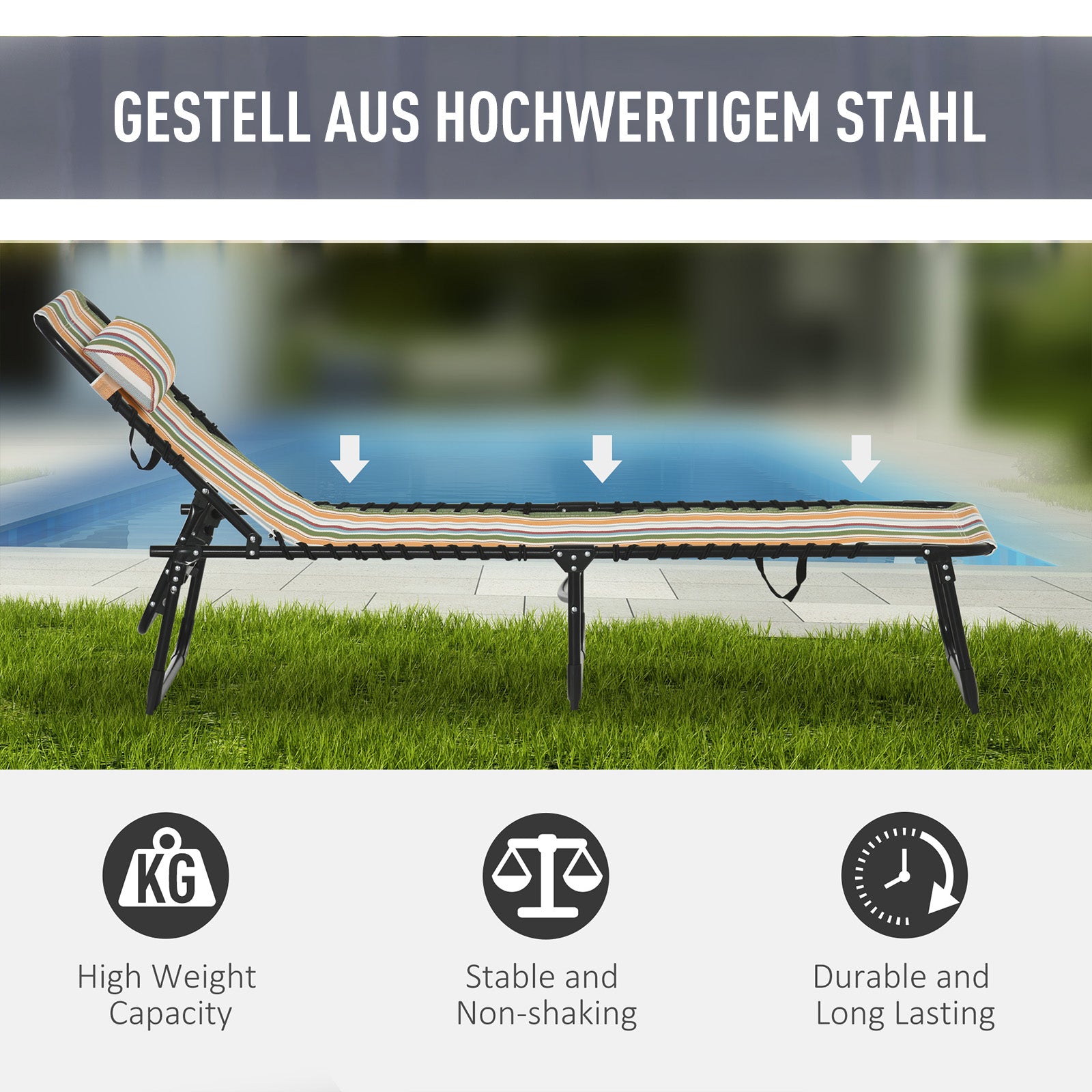 Folding Sun Lounger Garden Lounger, Recliner with 4-Level Adjustable Backrest, Weather-Resistant Camping Lounger up to 120 kg load capacity, for Garden Beach Pool, Multicolor