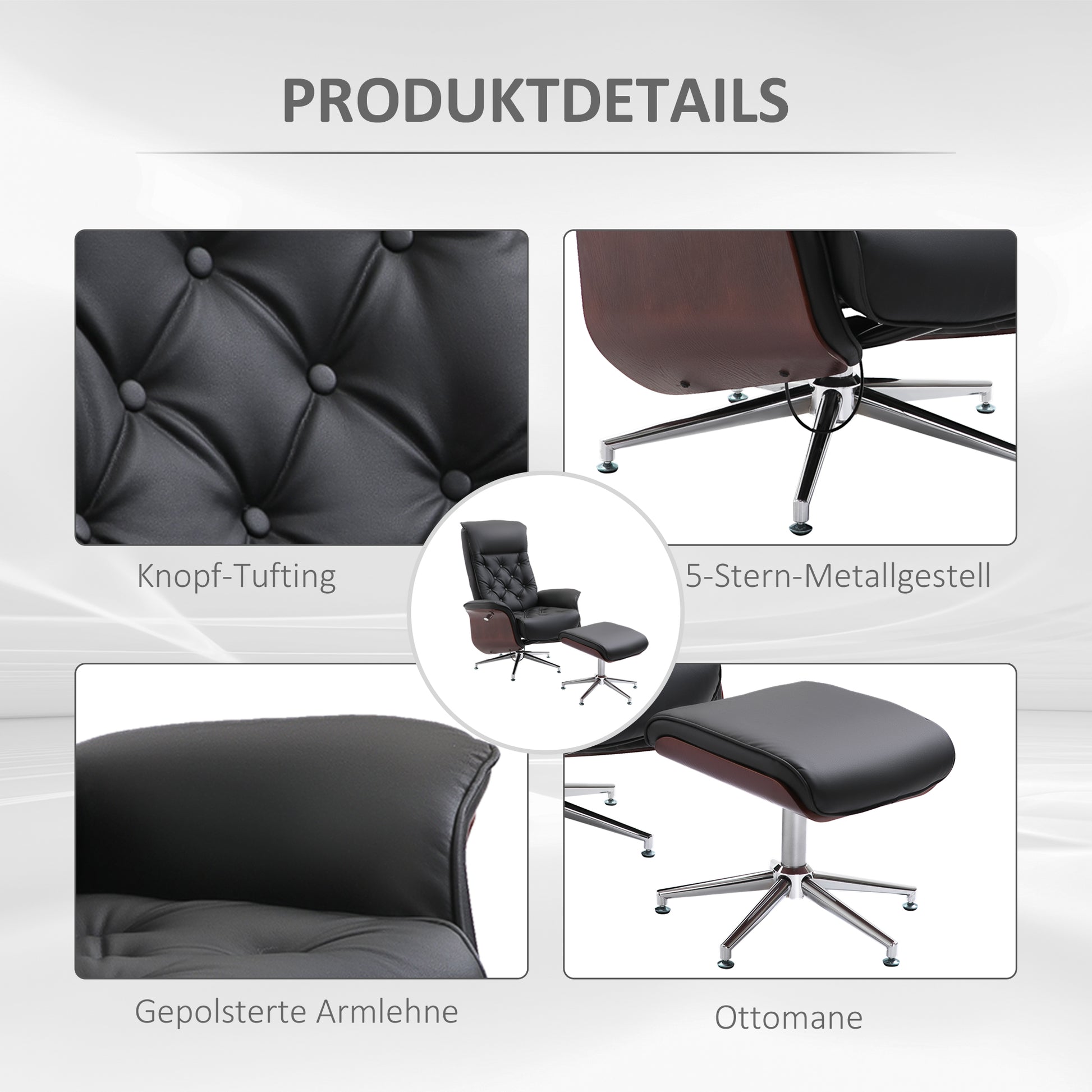 Relaxing Chair with Footstool TV Armchair Upholstered Chair 360° Swivel 145° Adjustable with Retro Design Chesterfield PU Cover Wood Trim Metal Base Black 32.3 x 32.7 x 43.3 inches