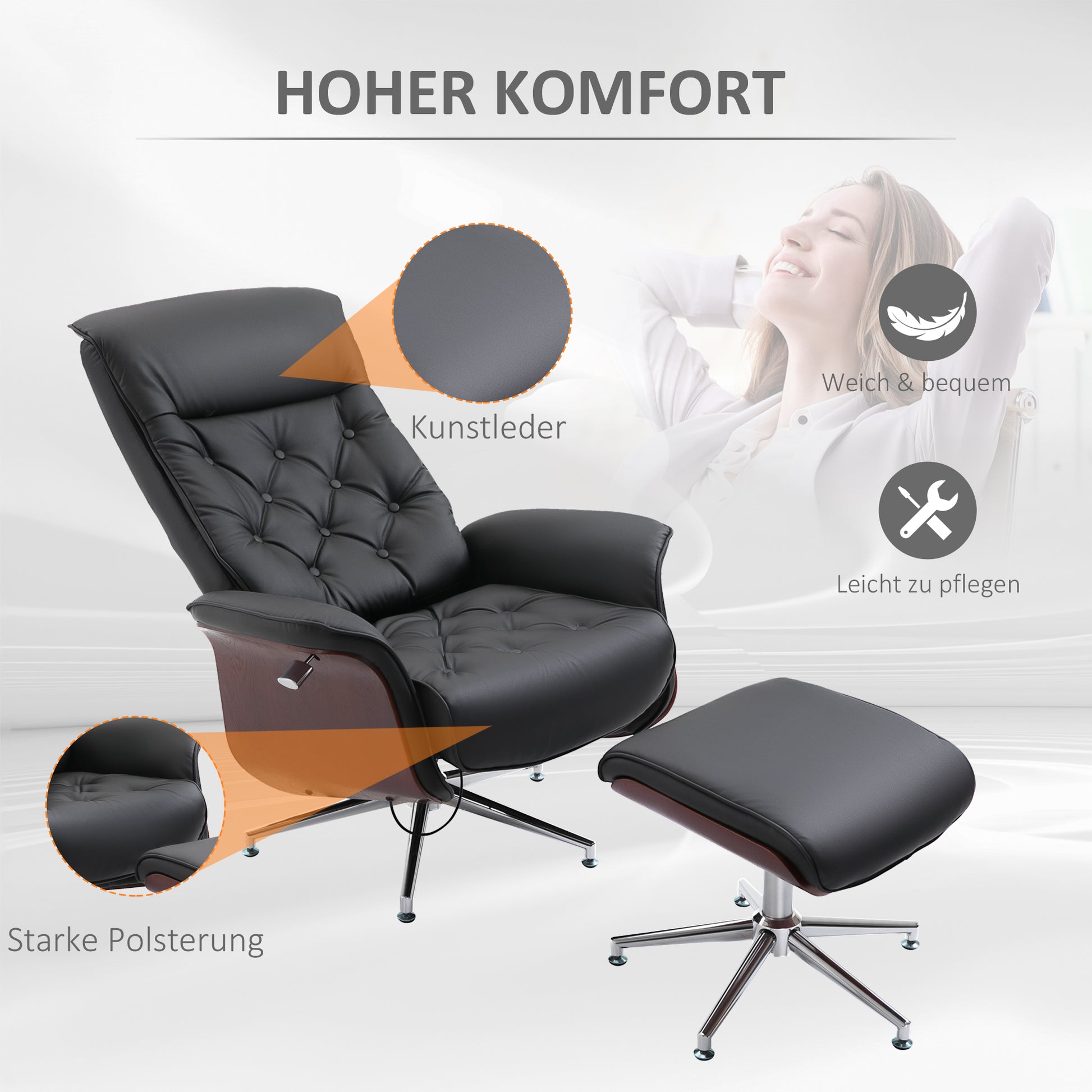 Relaxing Chair with Footstool TV Armchair Upholstered Chair 360° Swivel 145° Adjustable with Retro Design Chesterfield PU Cover Wood Trim Metal Base Black 32.3 x 32.7 x 43.3 inches
