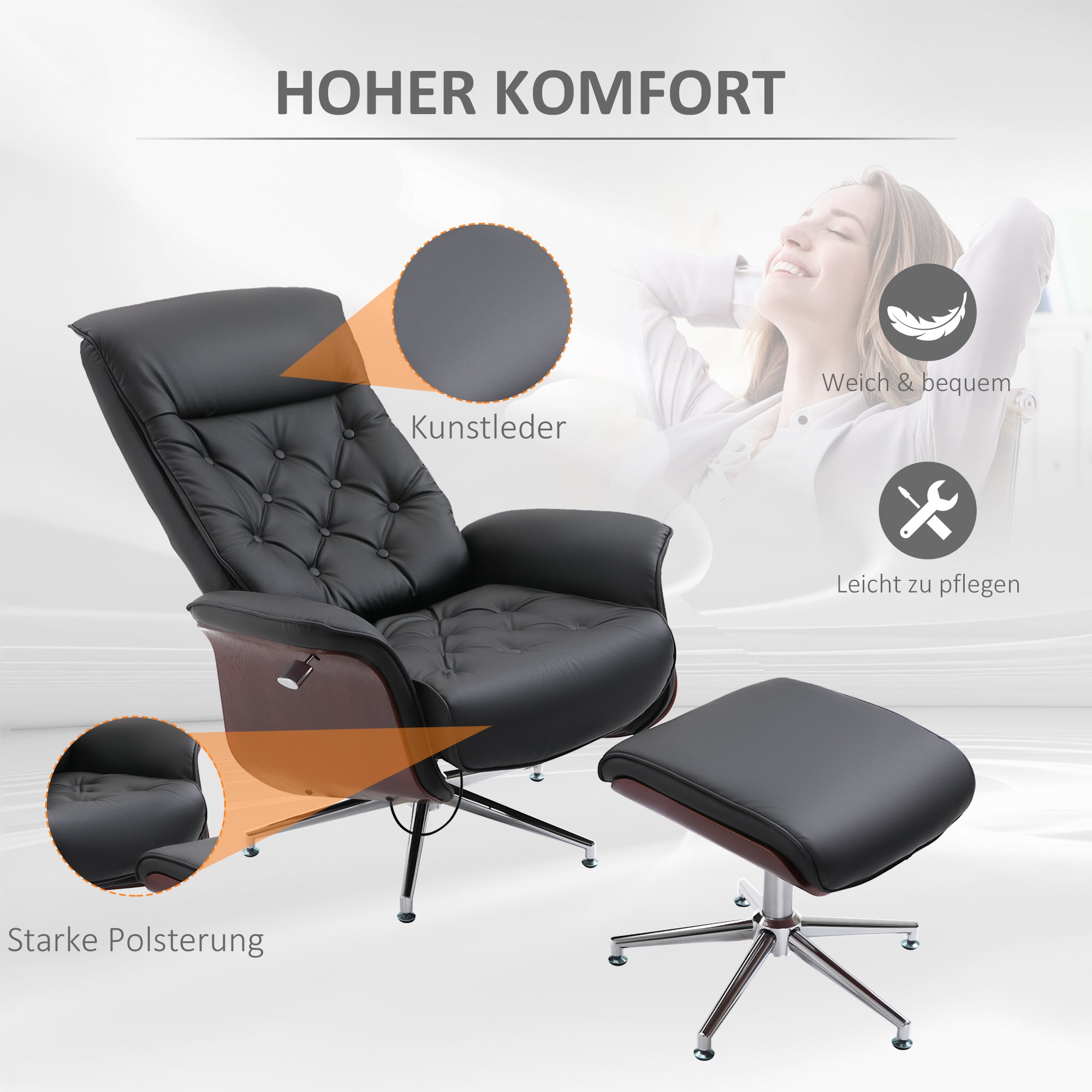 Relaxing Chair with Footstool TV Armchair Upholstered Chair 360° Swivel 145° Adjustable with Retro Design Chesterfield PU Cover Wood Trim Metal Base Black 32.3 x 32.7 x 43.3 inches