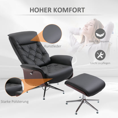 Relaxing Chair with Footstool TV Armchair Upholstered Chair 360° Swivel 145° Adjustable with Retro Design Chesterfield PU Cover Wood Trim Metal Base Black 32.3 x 32.7 x 43.3 inches