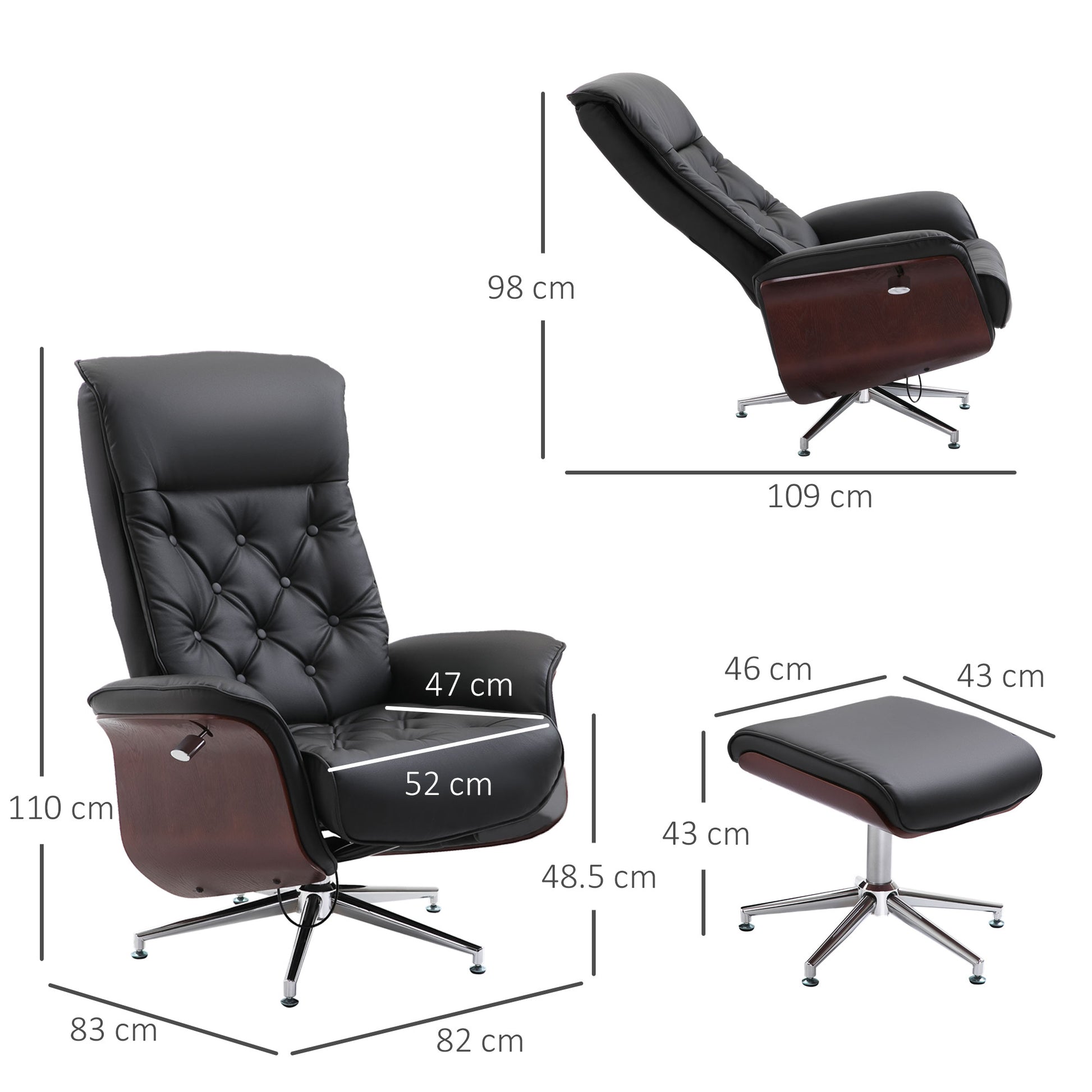 Relaxing Chair with Footstool TV Armchair Upholstered Chair 360° Swivel 145° Adjustable with Retro Design Chesterfield PU Cover Wood Trim Metal Base Black 32.3 x 32.7 x 43.3 inches