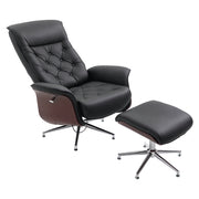 Relaxing Chair with Footstool TV Armchair Upholstered Chair 360° Swivel 145° Adjustable with Retro Design Chesterfield PU Cover Wood Trim Metal Base Black 32.3 x 32.7 x 43.3 inches