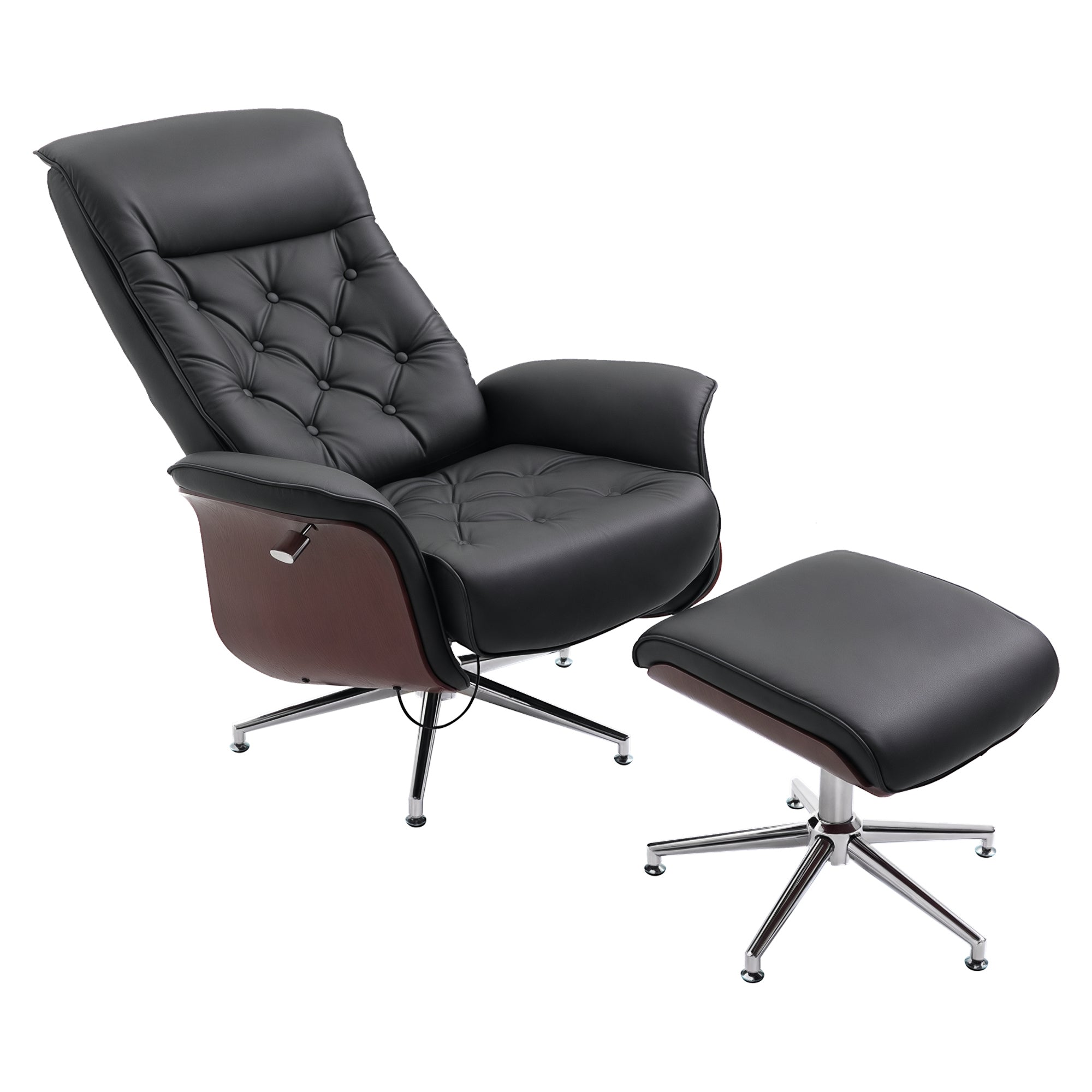 Relaxing Chair with Footstool TV Armchair Upholstered Chair 360° Swivel 145° Adjustable with Retro Design Chesterfield PU Cover Wood Trim Metal Base Black 32.3 x 32.7 x 43.3 inches