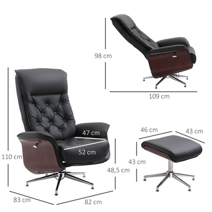 Relaxing Chair with Footstool TV Armchair Upholstered Chair 360° Swivel 145° Adjustable with Retro Design Chesterfield PU Cover Wood Trim Metal Base Black 32.3 x 32.7 x 43.3 inches