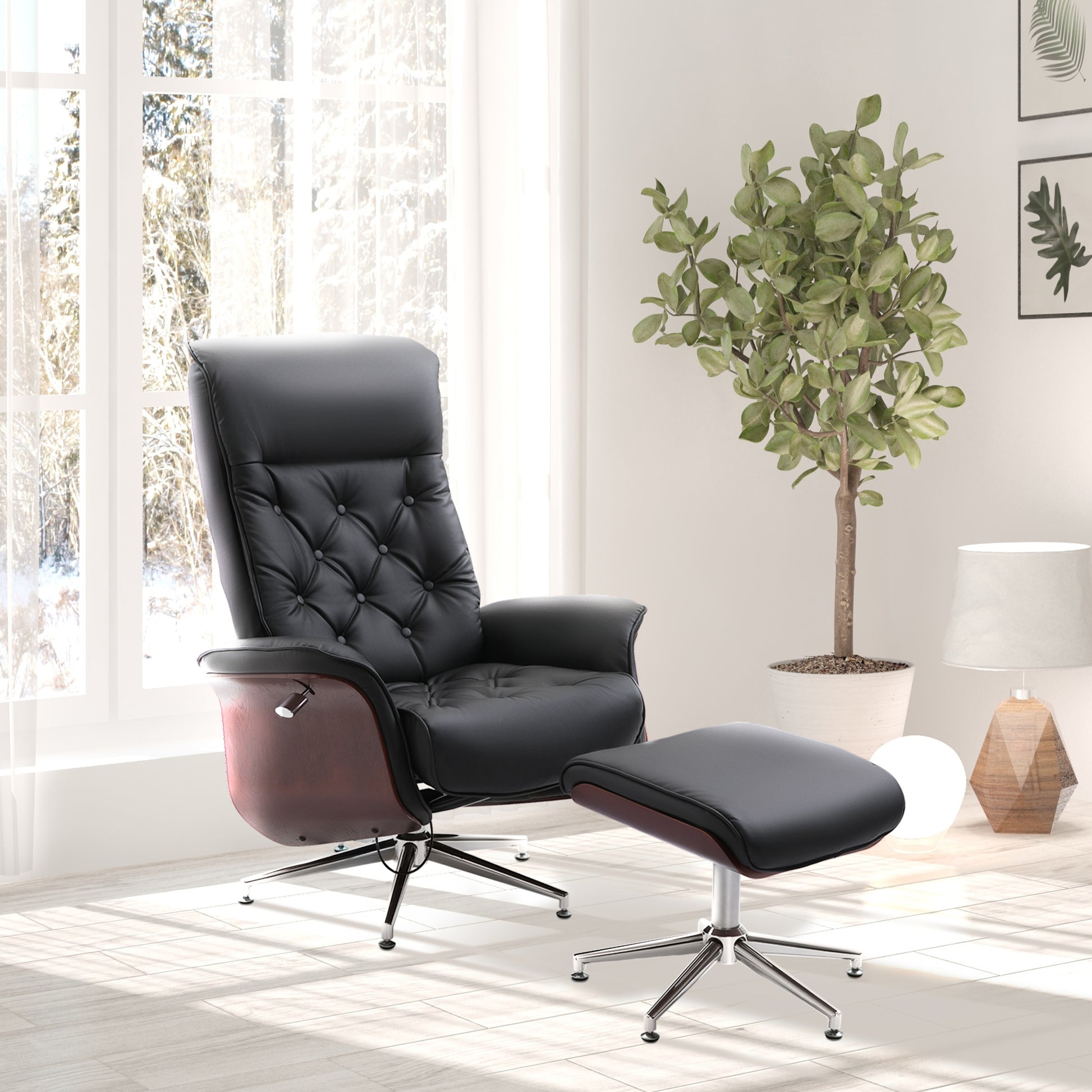 Relaxing Chair with Footstool TV Armchair Upholstered Chair 360° Swivel 145° Adjustable with Retro Design Chesterfield PU Cover Wood Trim Metal Base Black 32.3 x 32.7 x 43.3 inches