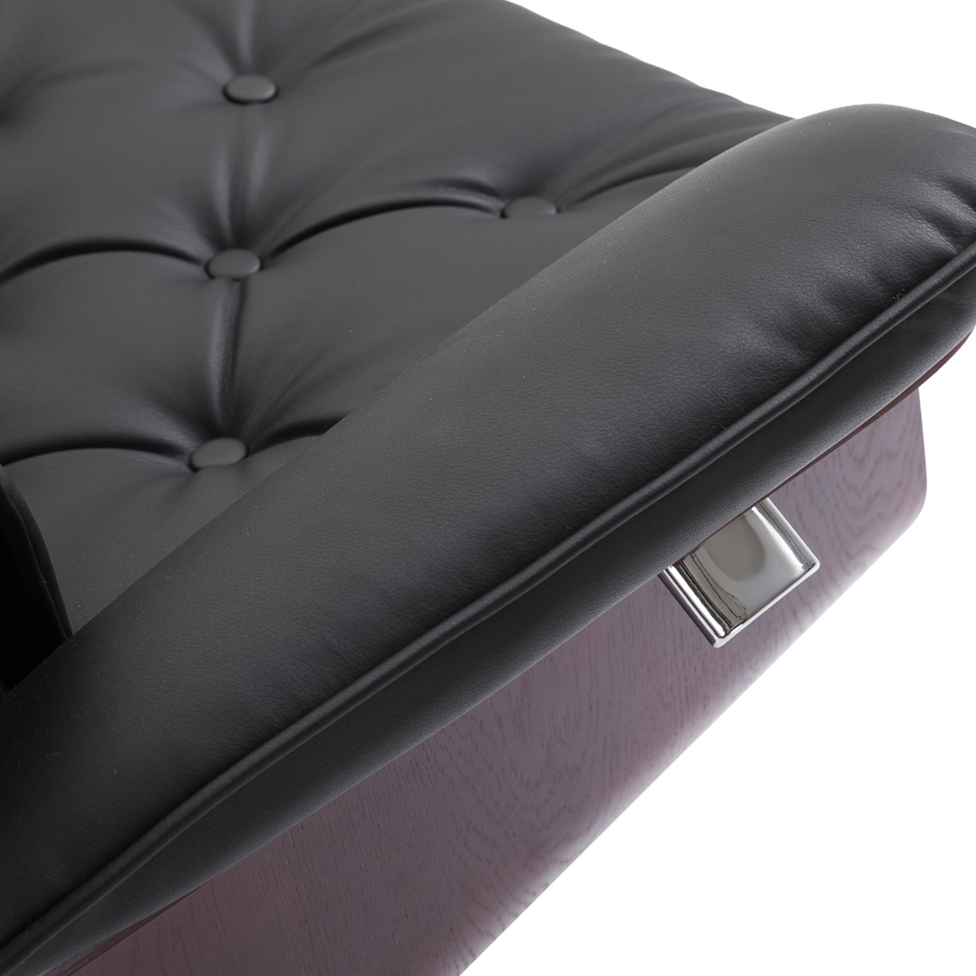 Relaxing Chair with Footstool TV Armchair Upholstered Chair 360° Swivel 145° Adjustable with Retro Design Chesterfield PU Cover Wood Trim Metal Base Black 32.3 x 32.7 x 43.3 inches