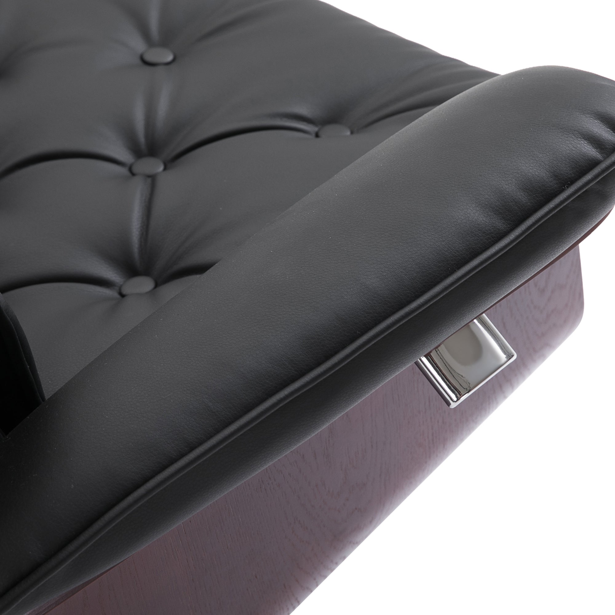 Relaxing Chair with Footstool TV Armchair Upholstered Chair 360° Swivel 145° Adjustable with Retro Design Chesterfield PU Cover Wood Trim Metal Base Black 32.3 x 32.7 x 43.3 inches