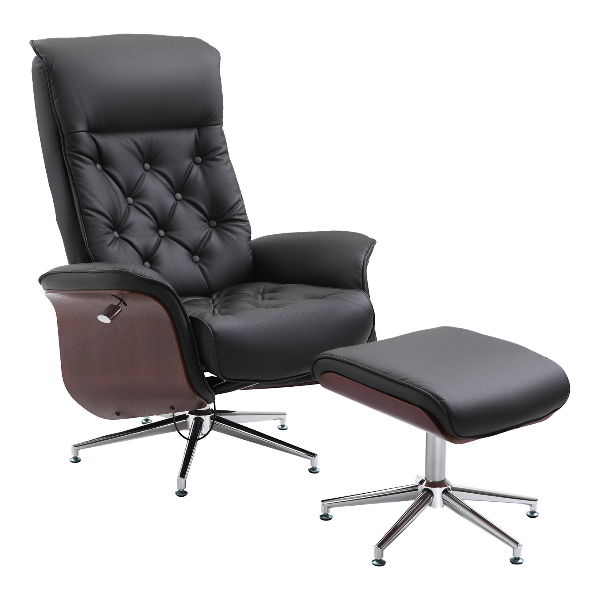 Relaxing Chair with Footstool TV Armchair Upholstered Chair 360° Swivel 145° Adjustable with Retro Design Chesterfield PU Cover Wood Trim Metal Base Black 32.3 x 32.7 x 43.3 inches