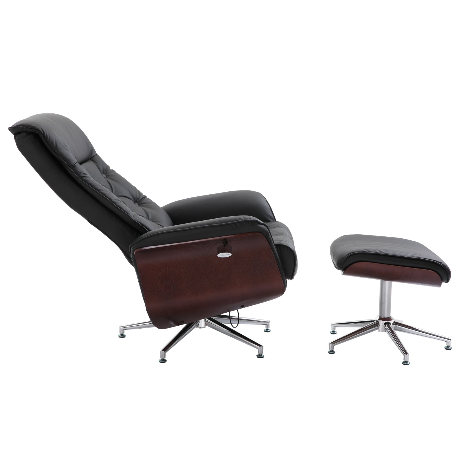 Relaxing Chair with Footstool TV Armchair Upholstered Chair 360° Swivel 145° Adjustable with Retro Design Chesterfield PU Cover Wood Trim Metal Base Black 32.3 x 32.7 x 43.3 inches