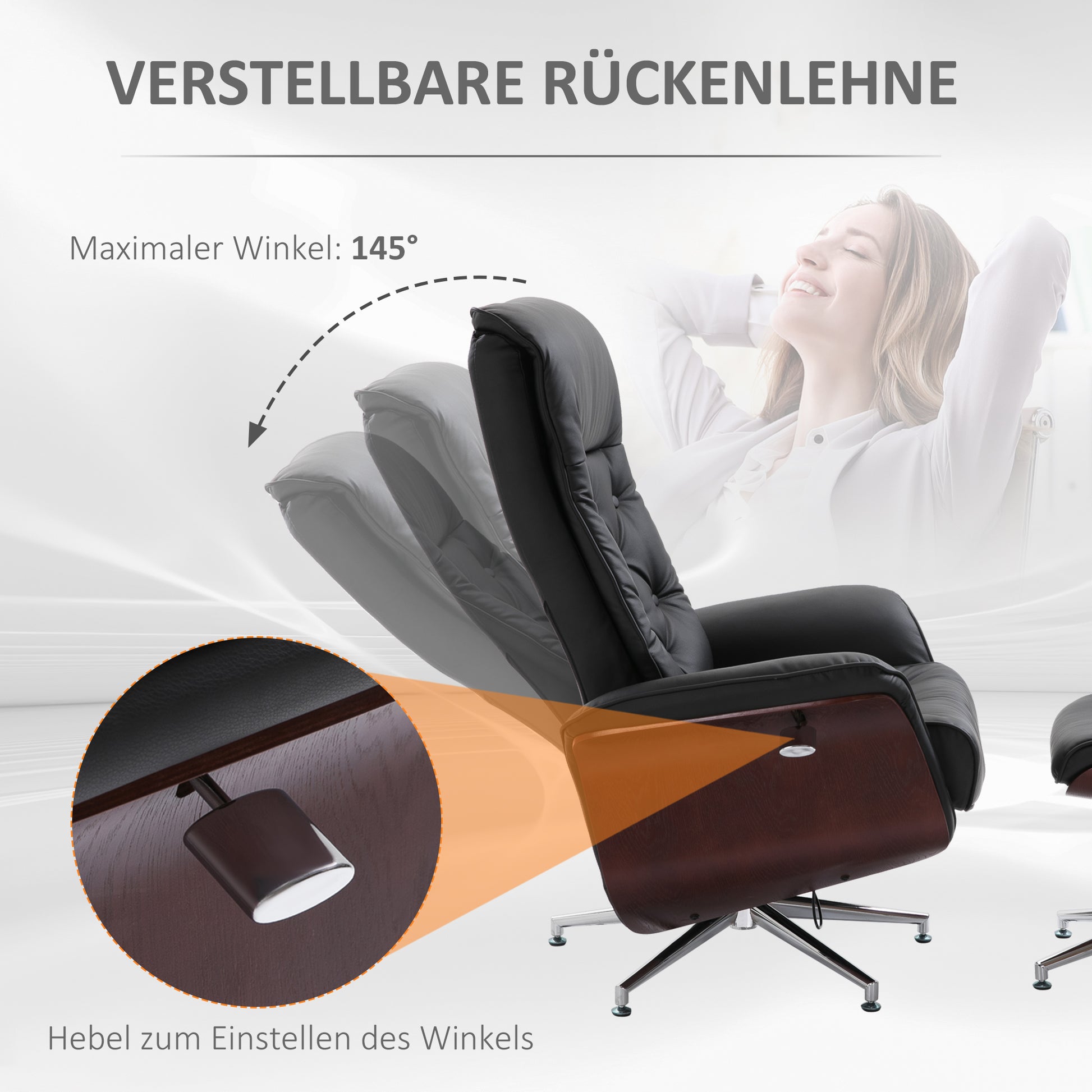 Relaxing Chair with Footstool TV Armchair Upholstered Chair 360° Swivel 145° Adjustable with Retro Design Chesterfield PU Cover Wood Trim Metal Base Black 32.3 x 32.7 x 43.3 inches