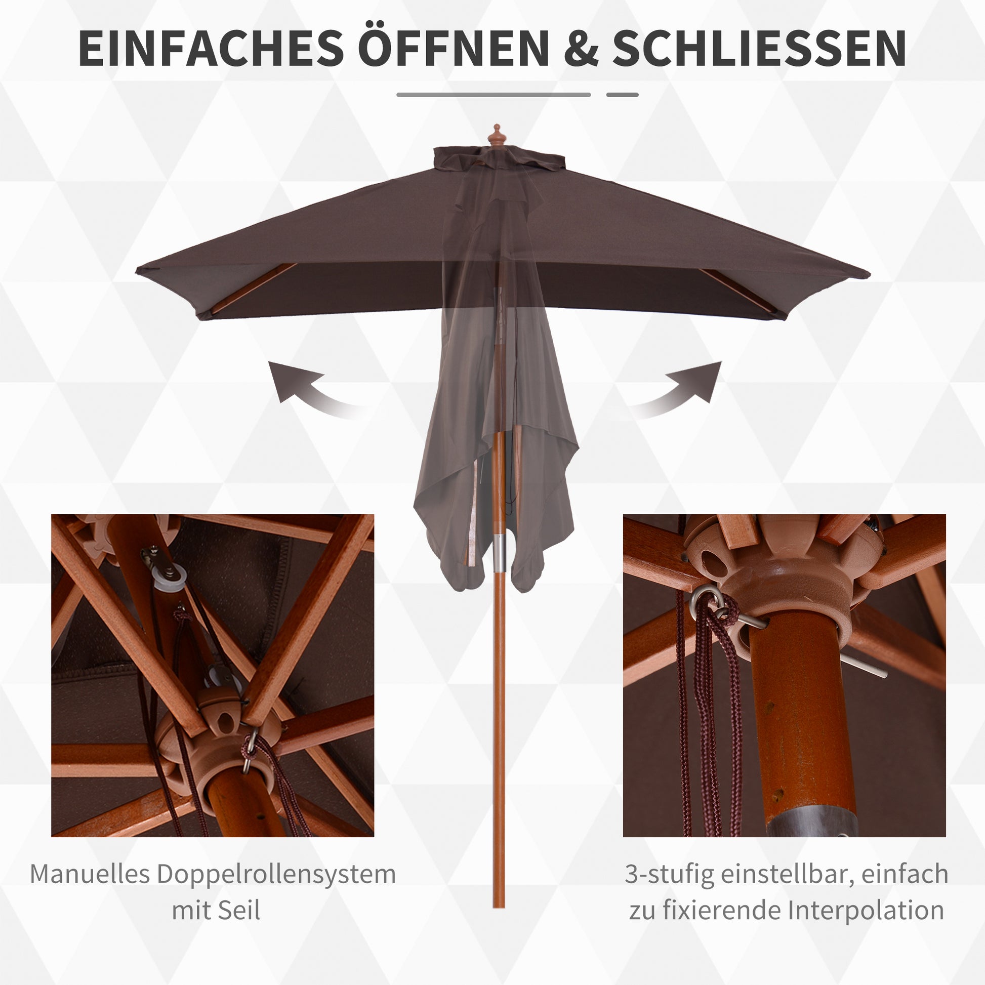 Umbrella 200 x 150 x 235 cm Tilted Garden Umbrella 3-stage adjustable rectangular Beach Umbrella water repellent and UV resistant for Beach Balcony Terrace Garden Coffee