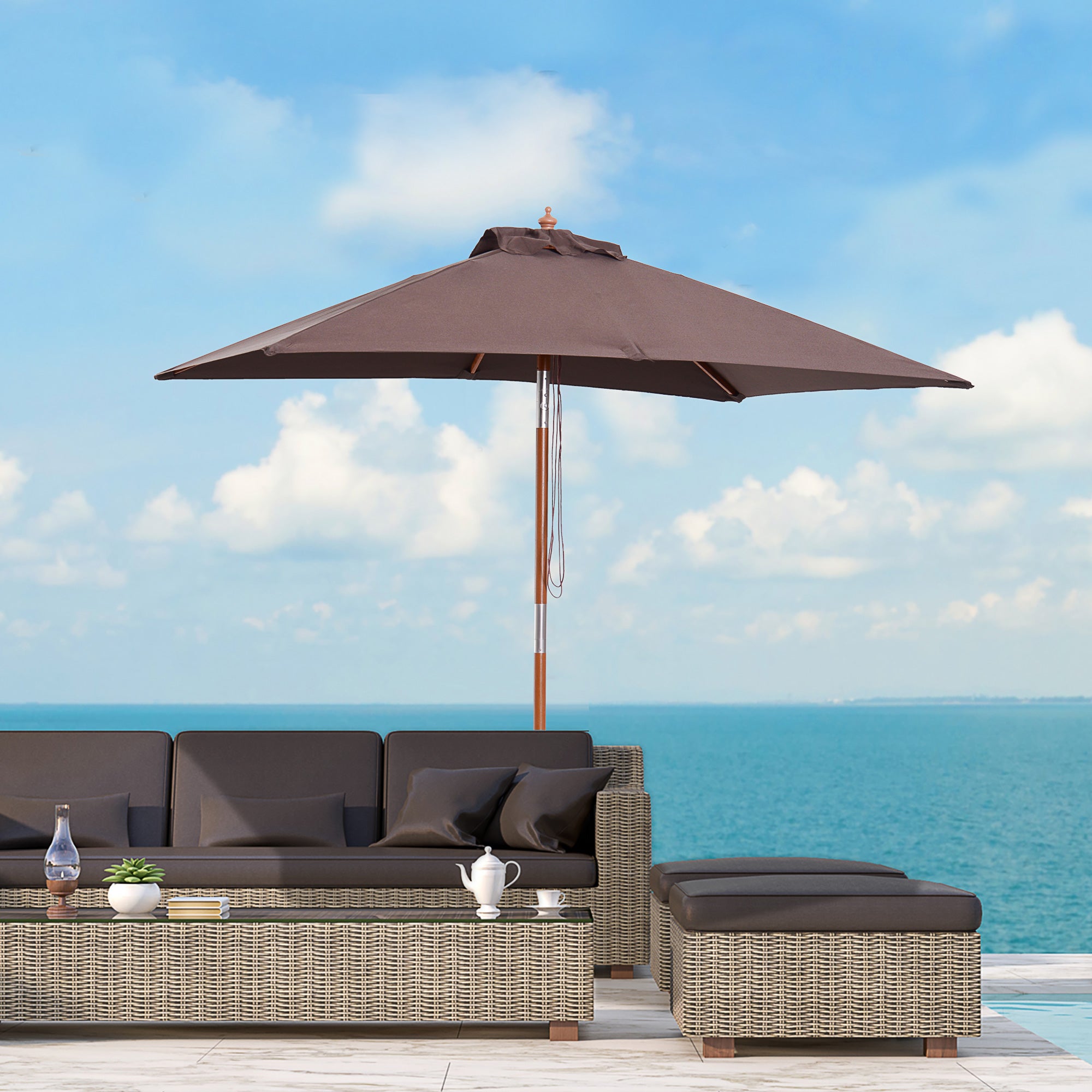 Umbrella 200 x 150 x 235 cm Tilted Garden Umbrella 3-stage adjustable rectangular Beach Umbrella water repellent and UV resistant for Beach Balcony Terrace Garden Coffee