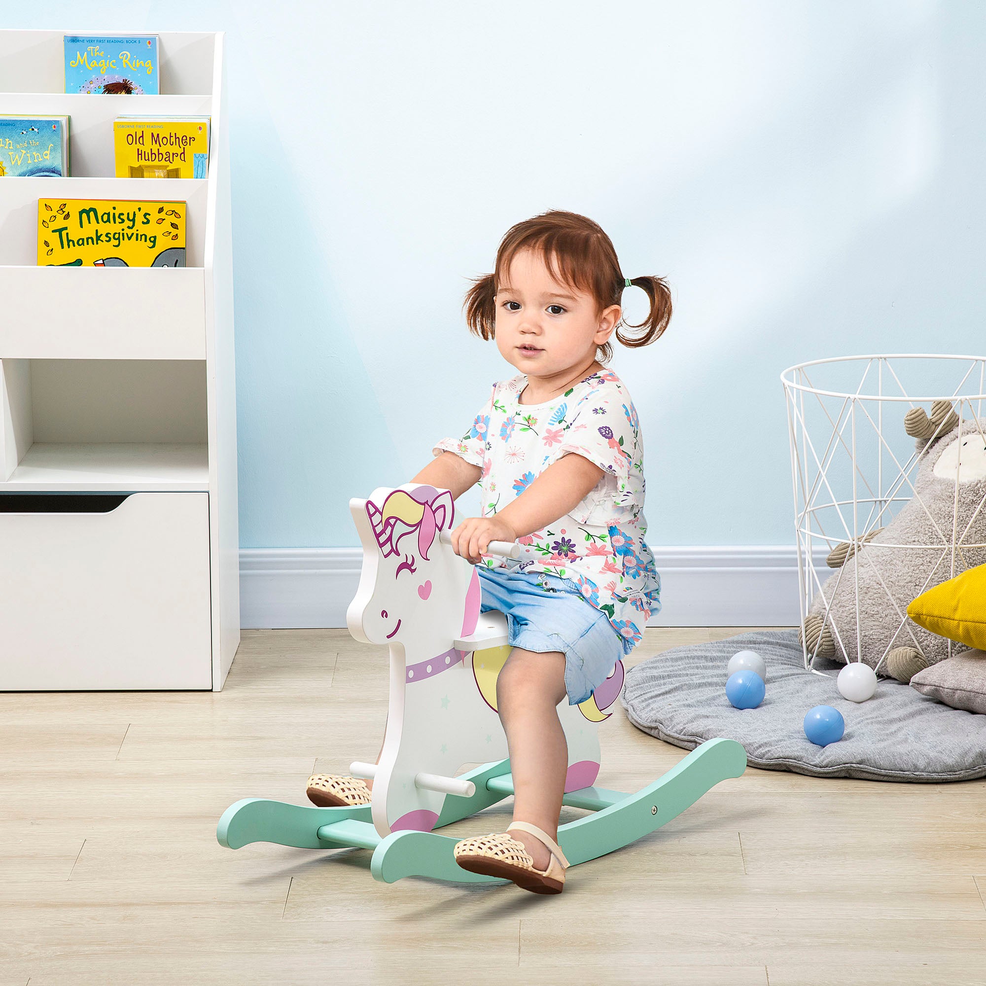 Rocking Horse for Children 1-3 Years with Handles, Rocking Horse with Backrest and Pedals in MDF, 68cm x 27cm x 47.5cm, Blue Pink White