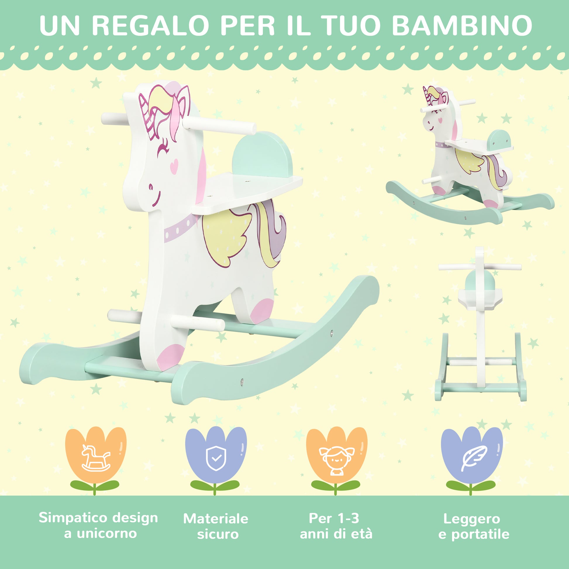 Rocking Horse for Children 1-3 Years with Handles, Rocking Horse with Backrest and Pedals in MDF, 68cm x 27cm x 47.5cm, Blue Pink White