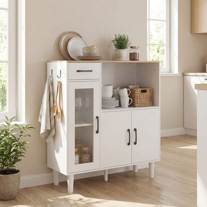 Sideboard Cabinet with Drawer, 2 Doors & Open Shelf, Ribbed Acrylic Door – White & Oak, 31.5 x 13.4 x 35.8 in