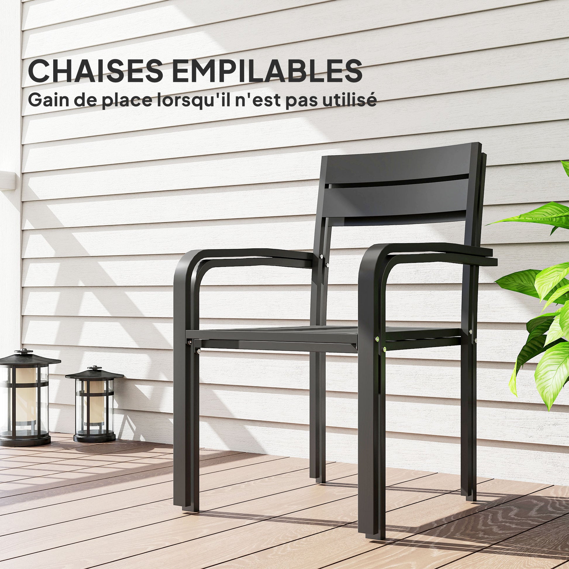 Set of 2 outdoor garden chairs, stackable outdoor chairs with armrests, in aluminum for garden, pool, terrace, dark gray