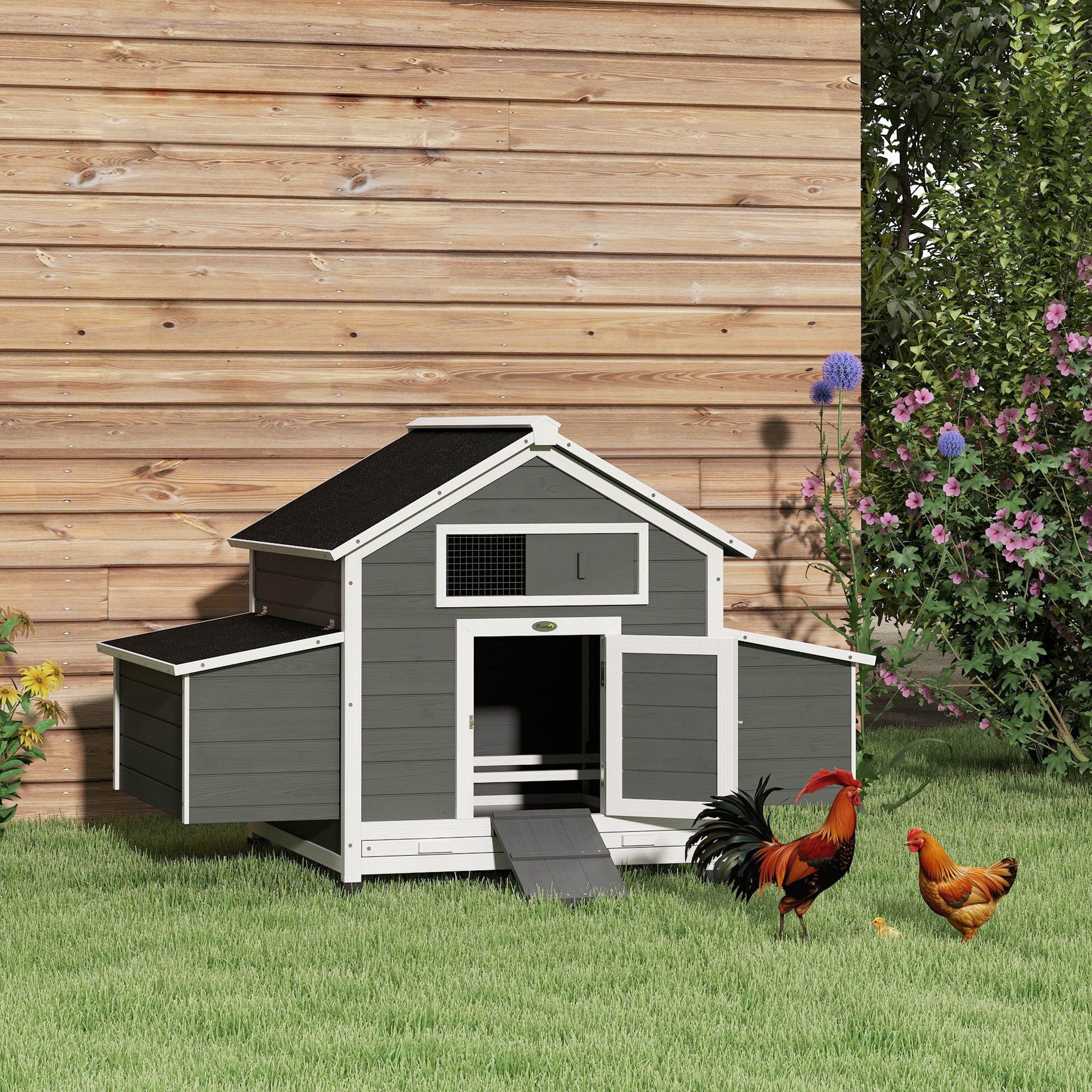 Outdoor Chicken Coop Wooden Chicken Coop for 2-4 Chickens with 2 Nesting Boxes Removable Tray Hinged Roof 150x100x96.5 cm Gray and White