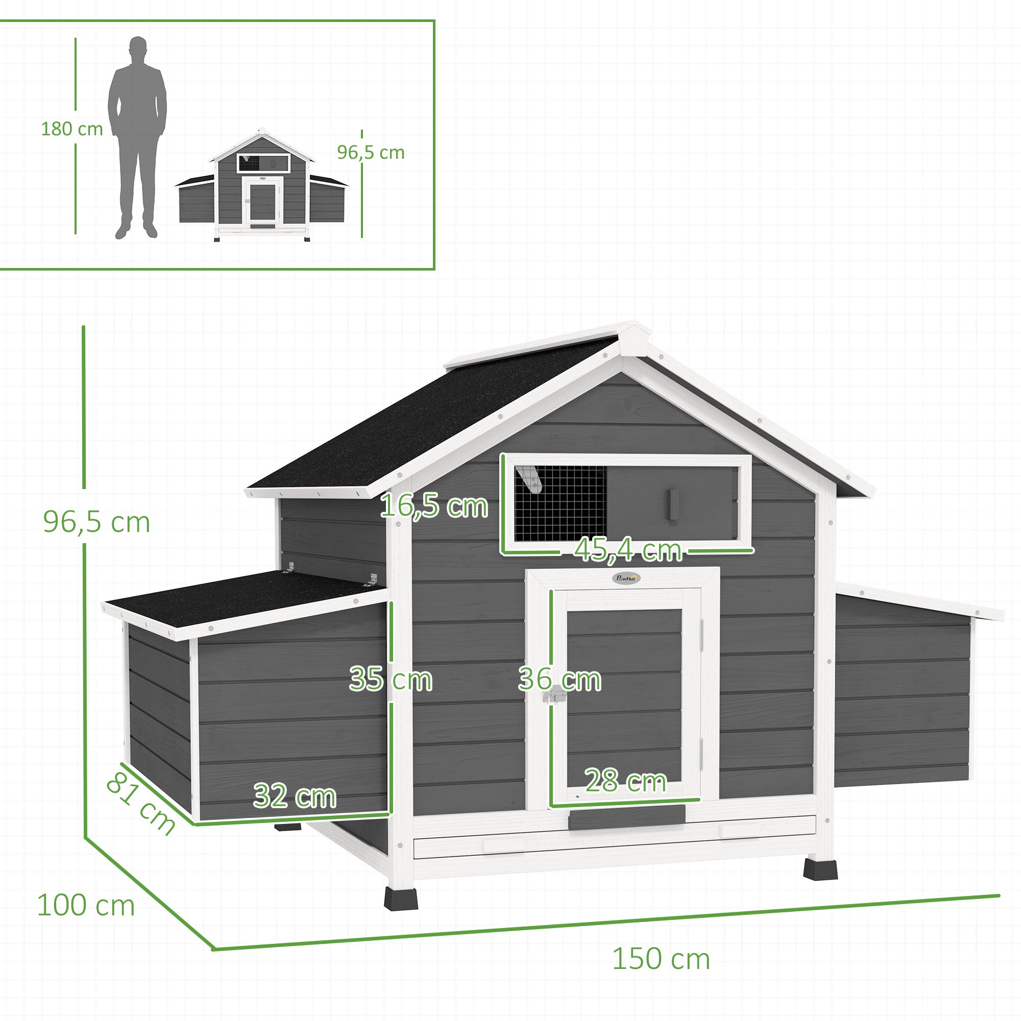 Outdoor Chicken Coop Wooden Chicken Coop for 2-4 Chickens with 2 Nesting Boxes Removable Tray Hinged Roof 150x100x96.5 cm Gray and White