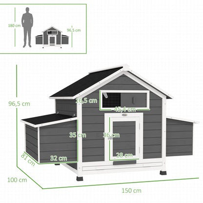 Outdoor Chicken Coop Wooden Chicken Coop for 2-4 Chickens with 2 Nesting Boxes Removable Tray Hinged Roof 150x100x96.5 cm Gray and White
