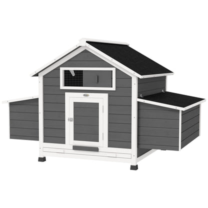 Outdoor Chicken Coop Wooden Chicken Coop for 2-4 Chickens with 2 Nesting Boxes Removable Tray Hinged Roof 150x100x96.5 cm Gray and White