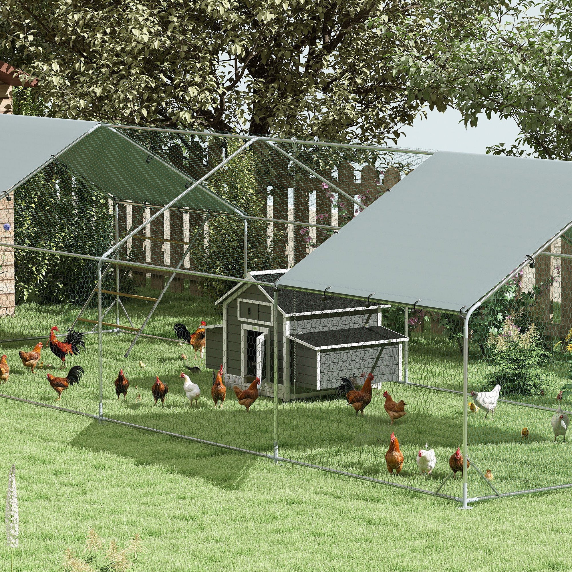 Outdoor Chicken Coop Wooden Chicken Coop for 2-4 Chickens with 2 Nesting Boxes Removable Tray Hinged Roof 150x100x96.5 cm Gray and White