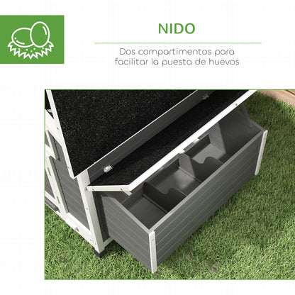 Outdoor Chicken Coop Wooden Chicken Coop for 2-4 Chickens with 2 Nesting Boxes Removable Tray Hinged Roof 150x100x96.5 cm Gray and White