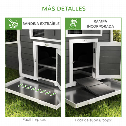 Outdoor Chicken Coop Wooden Chicken Coop for 2-4 Chickens with 2 Nesting Boxes Removable Tray Hinged Roof 150x100x96.5 cm Gray and White