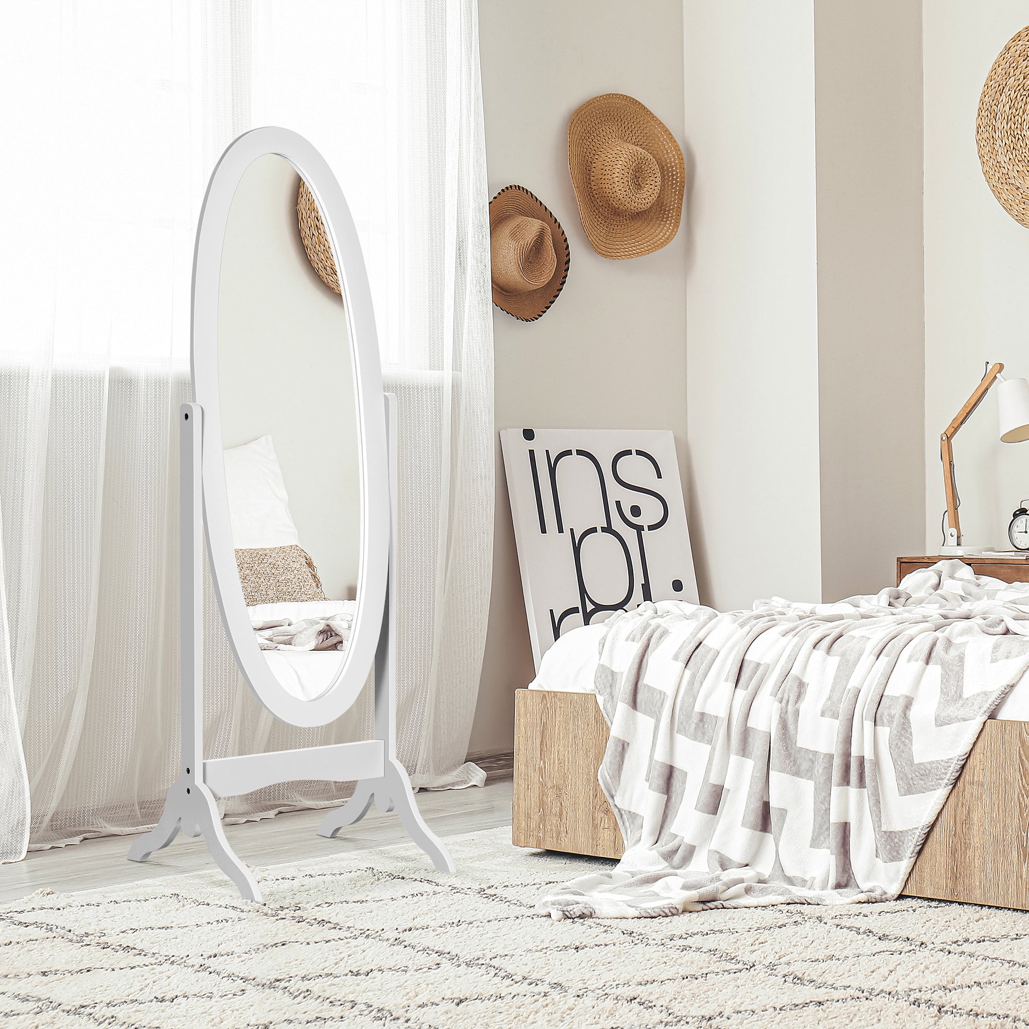 Oval Shabby Chic Style Adjustable Tilt Standing Mirror 48L x 46W x 147H cm MDF White