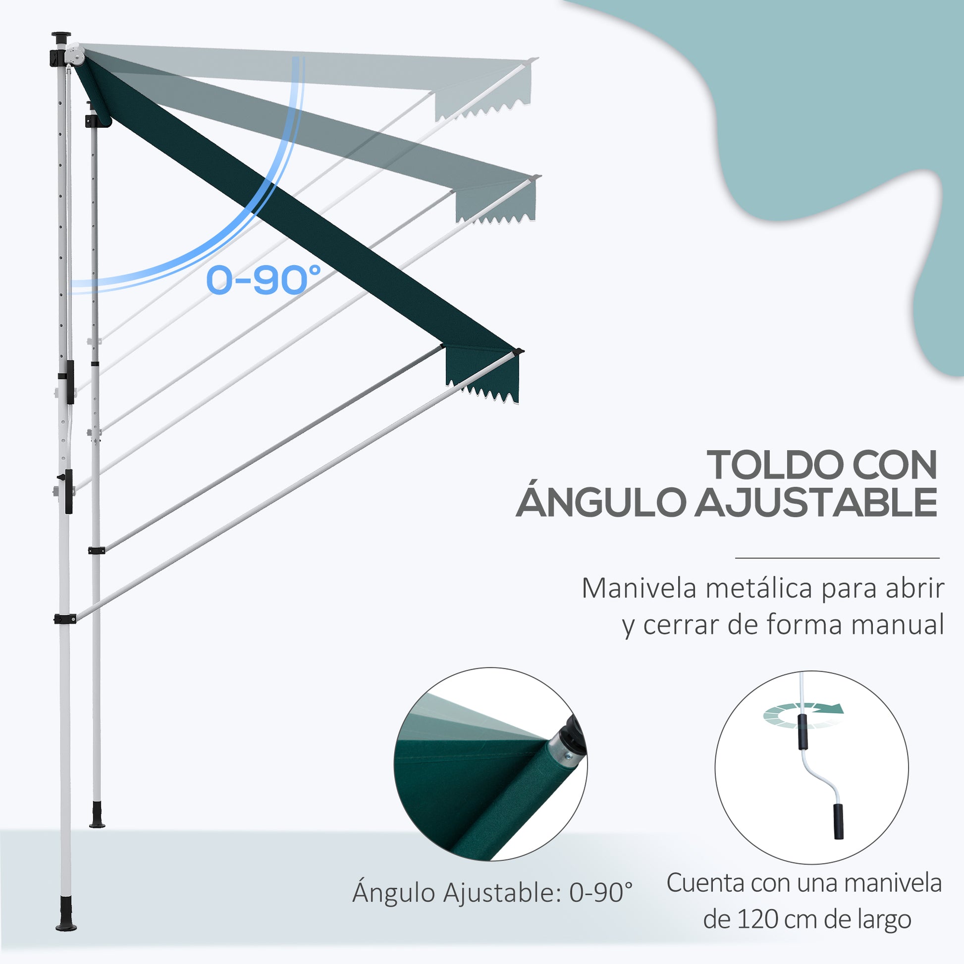 Manual Retractable Awning 2x1.5 m Outdoor Terrace Awning Adjustable Height with Crank 170-280 cm No Drill for Balcony Garden Green