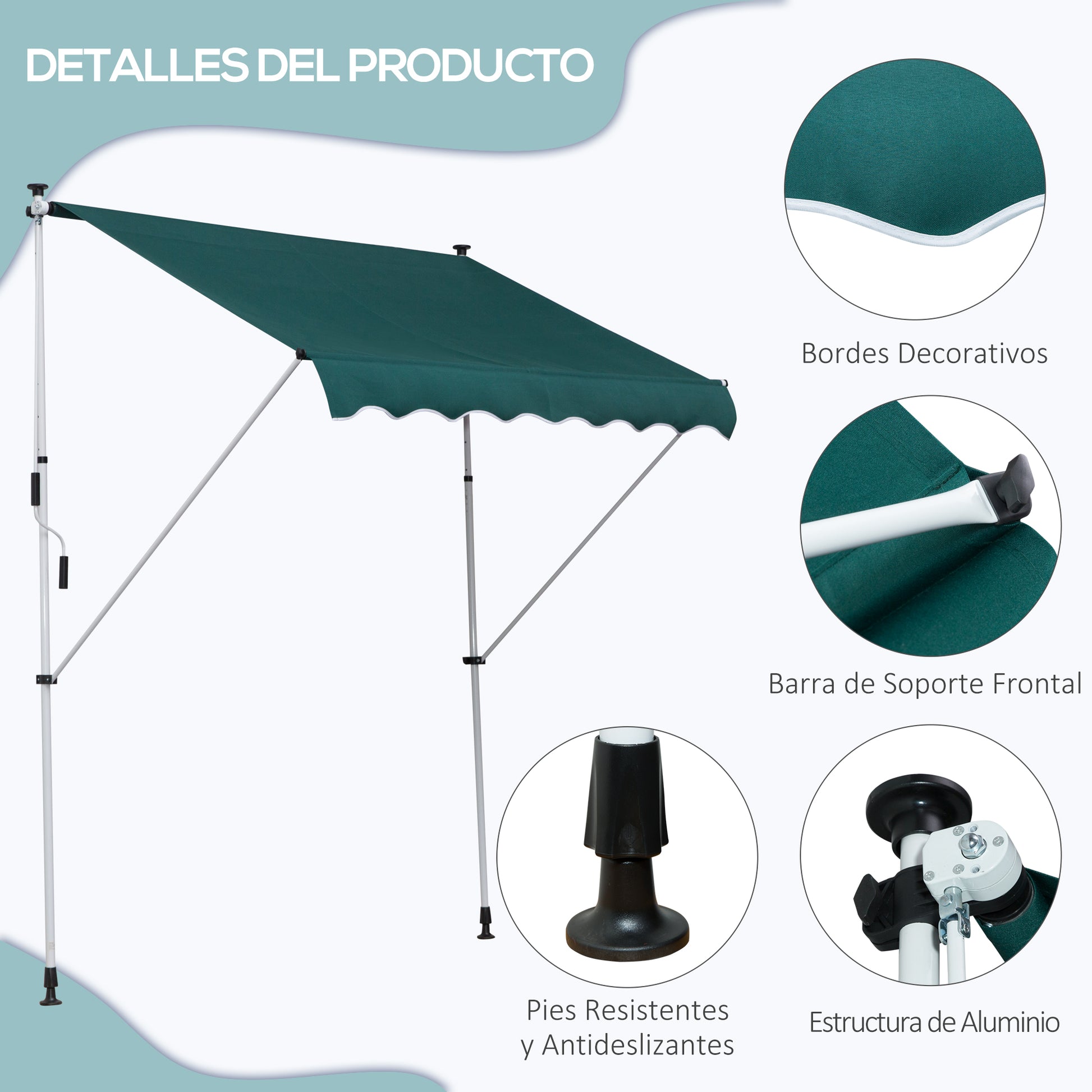 Manual Retractable Awning 2x1.5 m Outdoor Terrace Awning Adjustable Height with Crank 170-280 cm No Drill for Balcony Garden Green