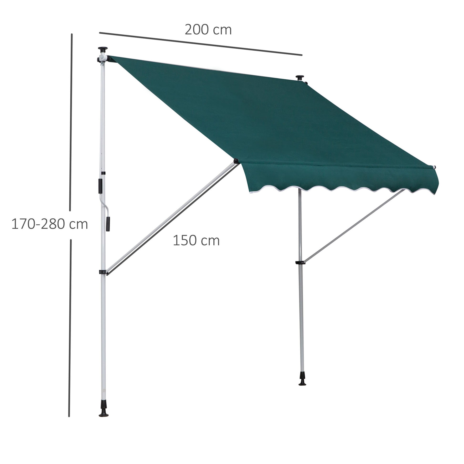 Manual Retractable Awning 2x1.5 m Outdoor Terrace Awning Adjustable Height with Crank 170-280 cm No Drill for Balcony Garden Green