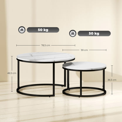 Set of 2 Nesting Coffee Tables, Round Coffee Table, Stackable, Industrial Design, Metal Legs, White