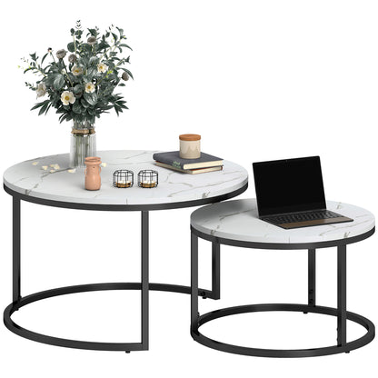 Set of 2 Nesting Coffee Tables, Round Coffee Table, Stackable, Industrial Design, Metal Legs, White