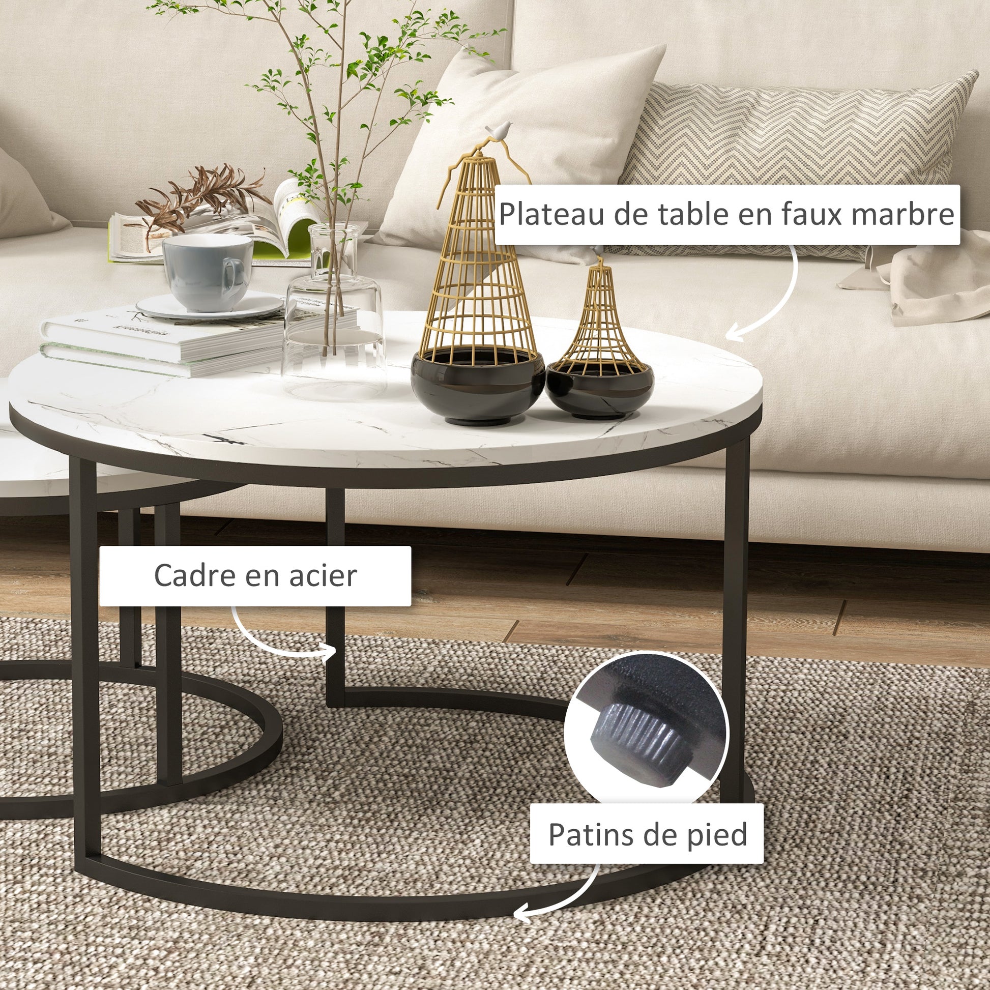 Set of 2 Nesting Coffee Tables, Round Coffee Table, Stackable, Industrial Design, Metal Legs, White
