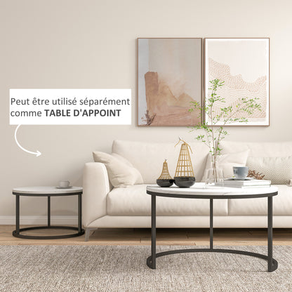 Set of 2 Nesting Coffee Tables, Round Coffee Table, Stackable, Industrial Design, Metal Legs, White