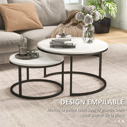 Set of 2 Nesting Coffee Tables, Round Coffee Table, Stackable, Industrial Design, Metal Legs, White