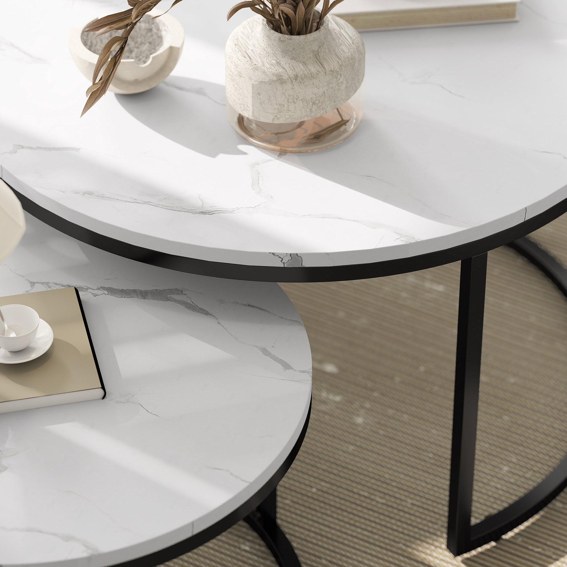 Set of 2 Nesting Coffee Tables, Round Coffee Table, Stackable, Industrial Design, Metal Legs, White