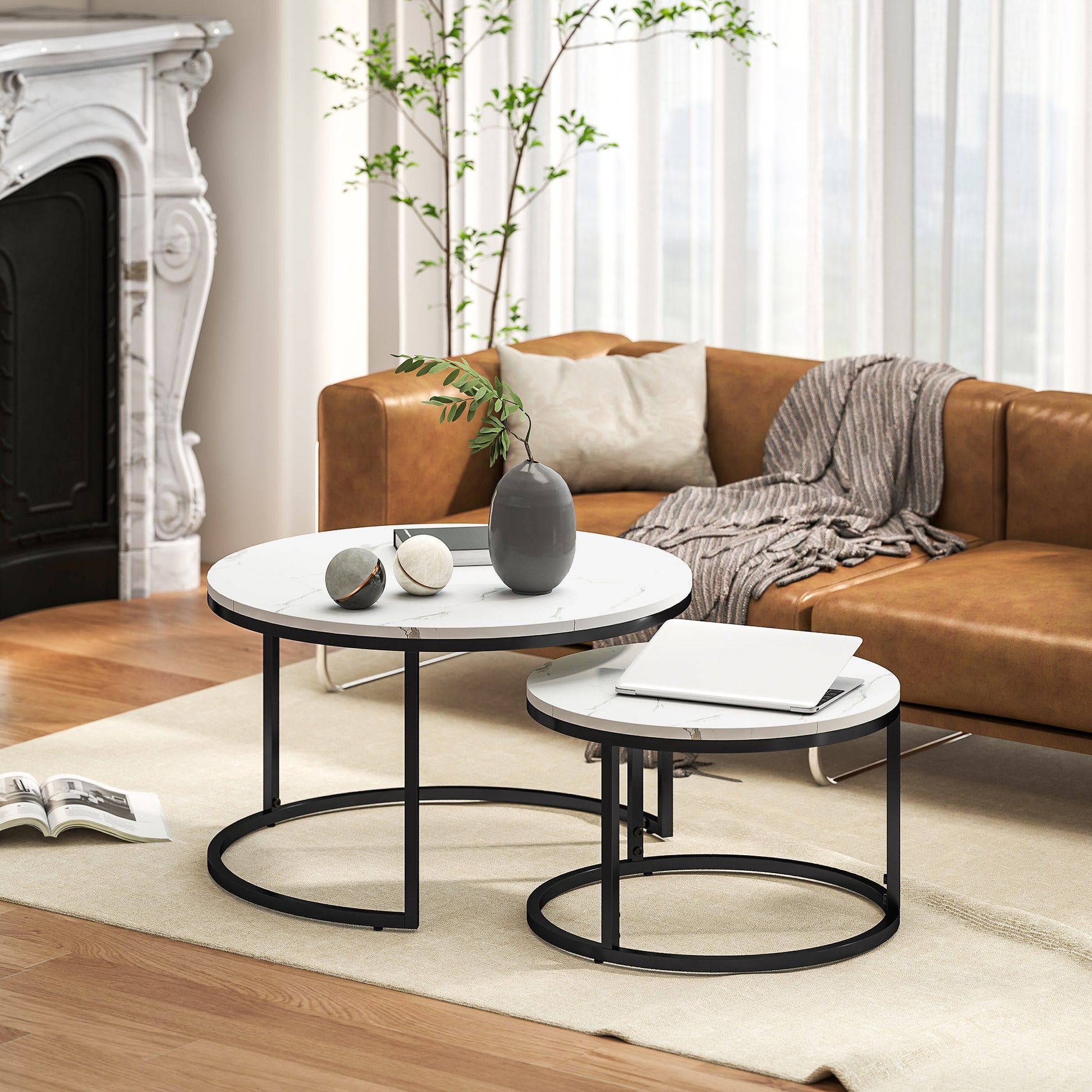 Set of 2 Nesting Coffee Tables, Round Coffee Table, Stackable, Industrial Design, Metal Legs, White