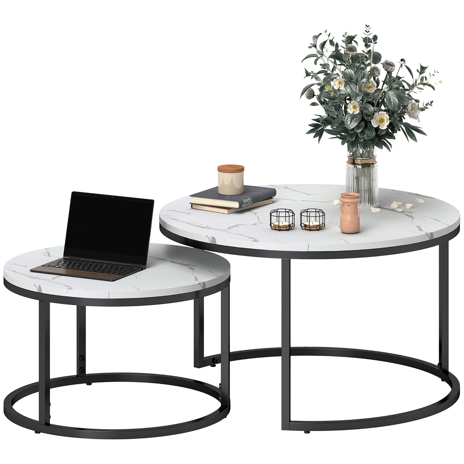 Set of 2 Nesting Coffee Tables, Round Coffee Table, Stackable, Industrial Design, Metal Legs, White