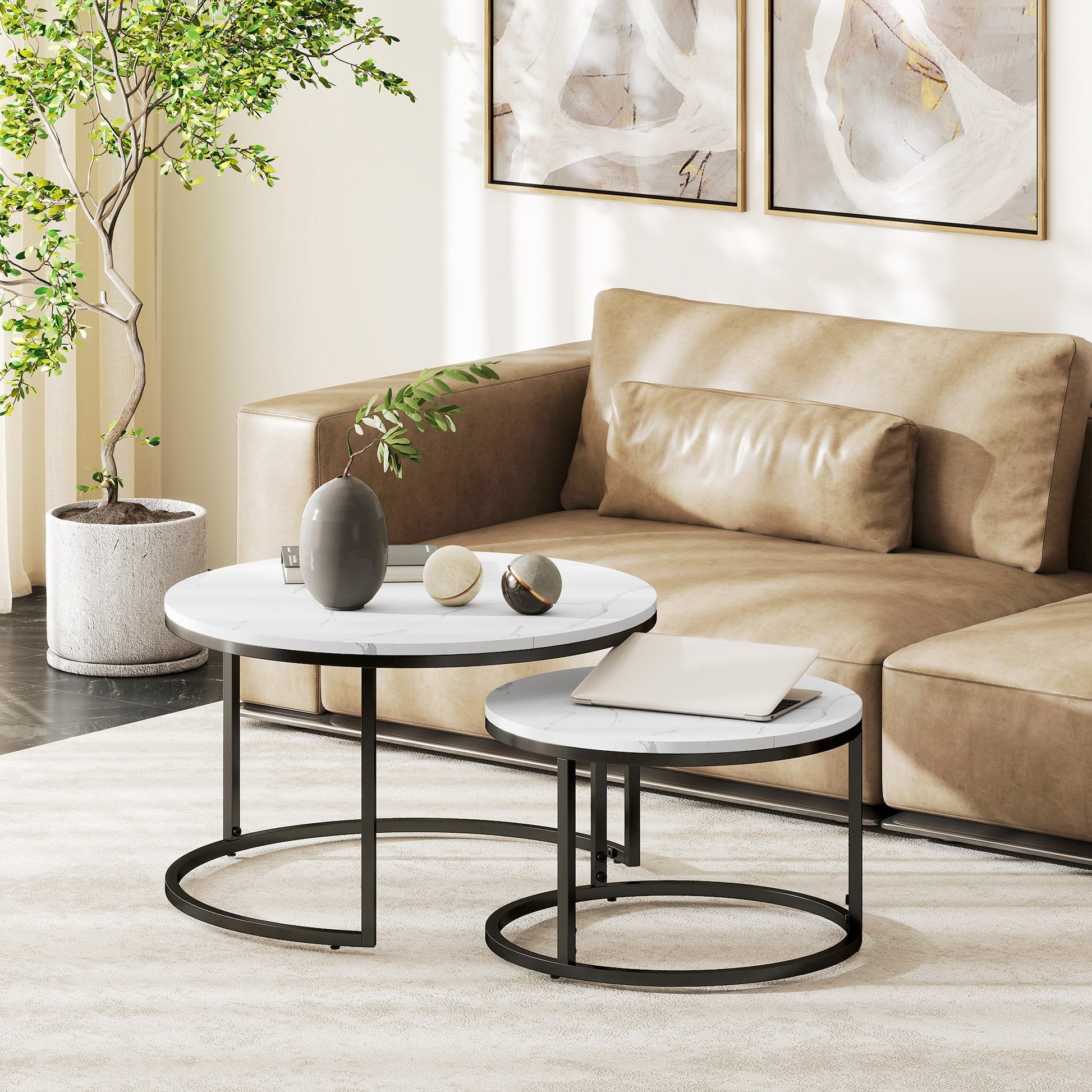 Set of 2 Nesting Coffee Tables, Round Coffee Table, Stackable, Industrial Design, Metal Legs, White