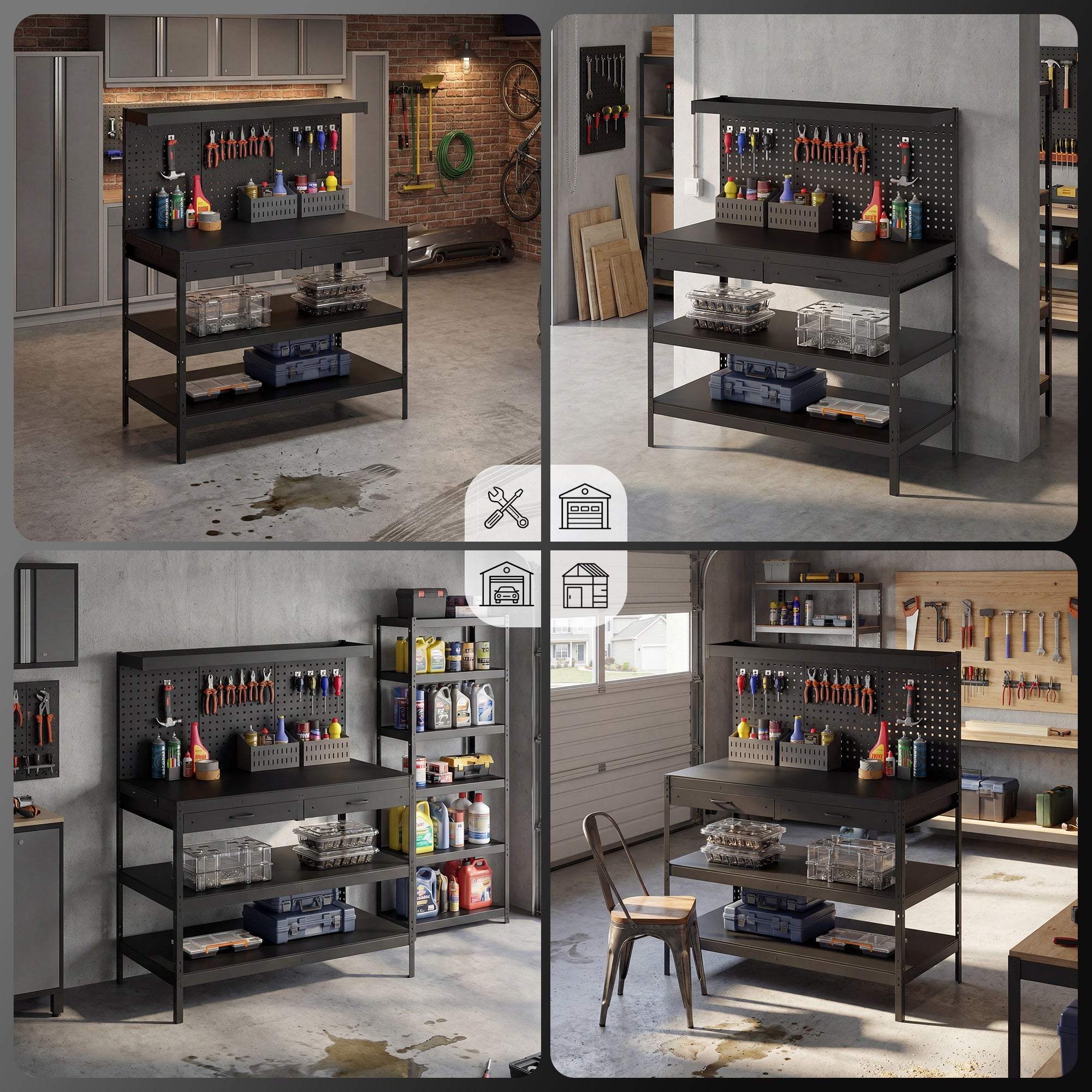 Workbench with Pegboard — Heavy-Duty Workstation with 2 Drawers & 2 Adjustable Shelves, 600 lb Capacity, 48 x 24 x 61.4 in (122 x 61 x 156 cm), Black