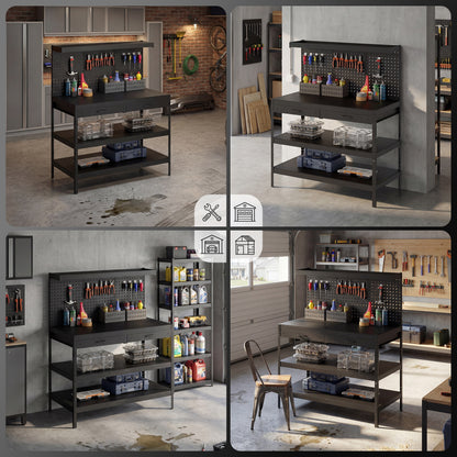Workbench with Pegboard — Heavy-Duty Workstation with 2 Drawers & 2 Adjustable Shelves, 600 lb Capacity, 48 x 24 x 61.4 in (122 x 61 x 156 cm), Black