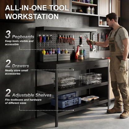 Workbench with Pegboard — Heavy-Duty Workstation with 2 Drawers & 2 Adjustable Shelves, 600 lb Capacity, 48 x 24 x 61.4 in (122 x 61 x 156 cm), Black