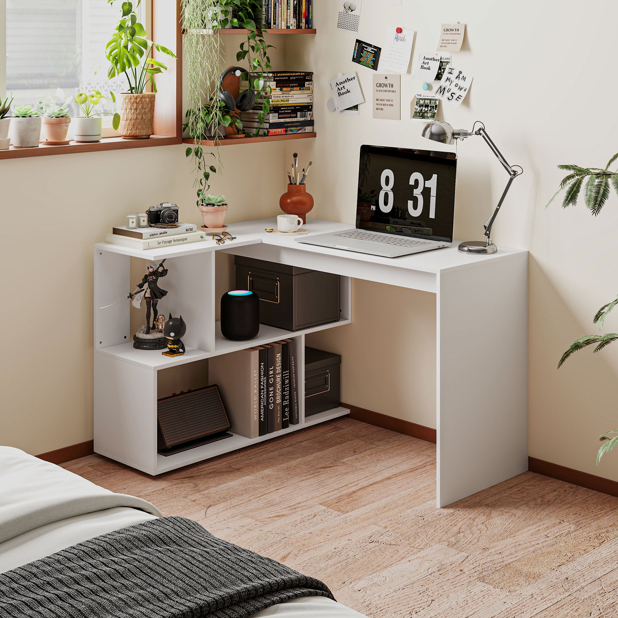 L-Shaped Corner Desk with 4 Shelves, Computer Corner Desk in Wood, Gaming Desk for Office, Living Room and Study, Modern Style, 120x100x77 cm, Glossy White