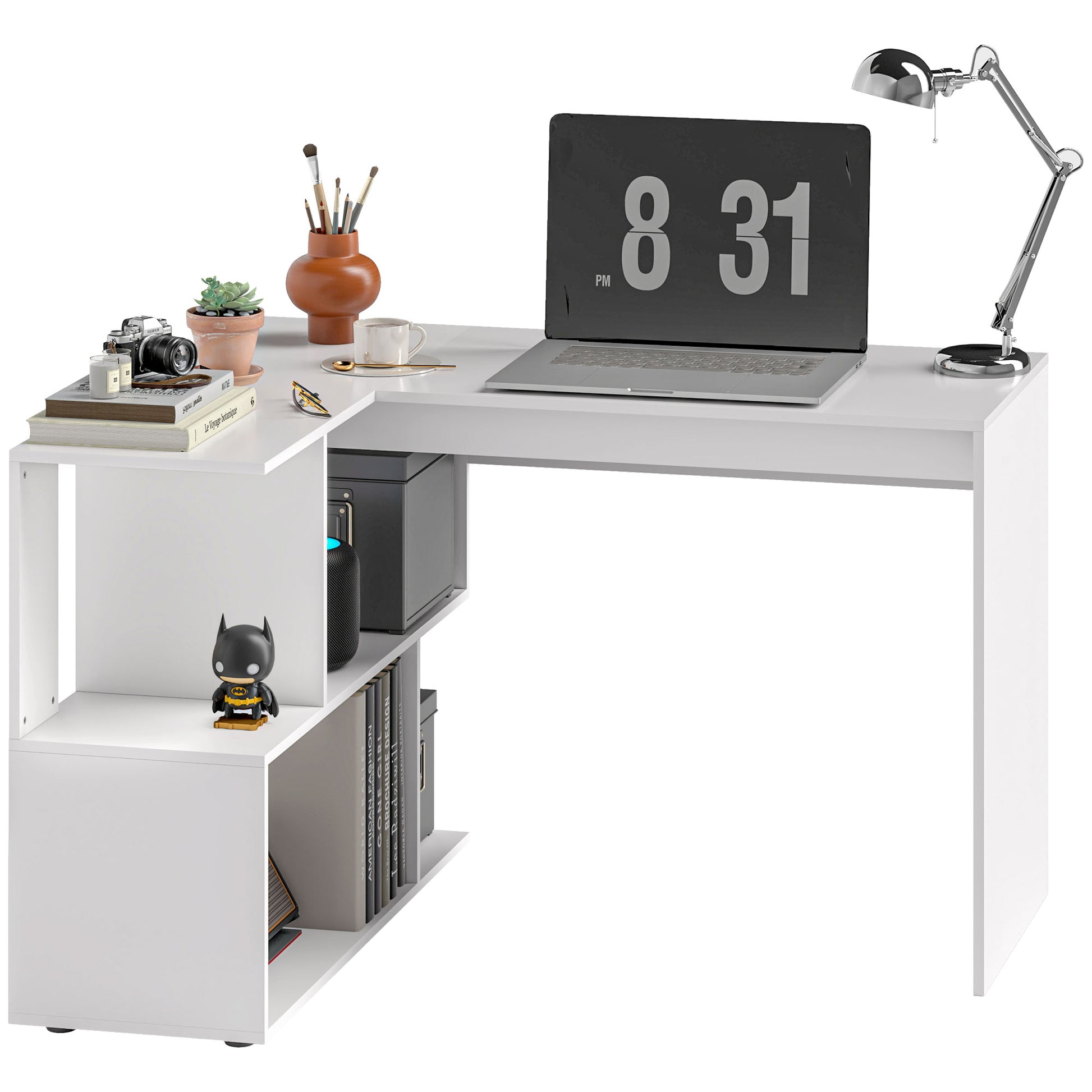 L-Shaped Corner Desk with 4 Shelves, Computer Corner Desk in Wood, Gaming Desk for Office, Living Room and Study, Modern Style, 120x100x77 cm, Glossy White