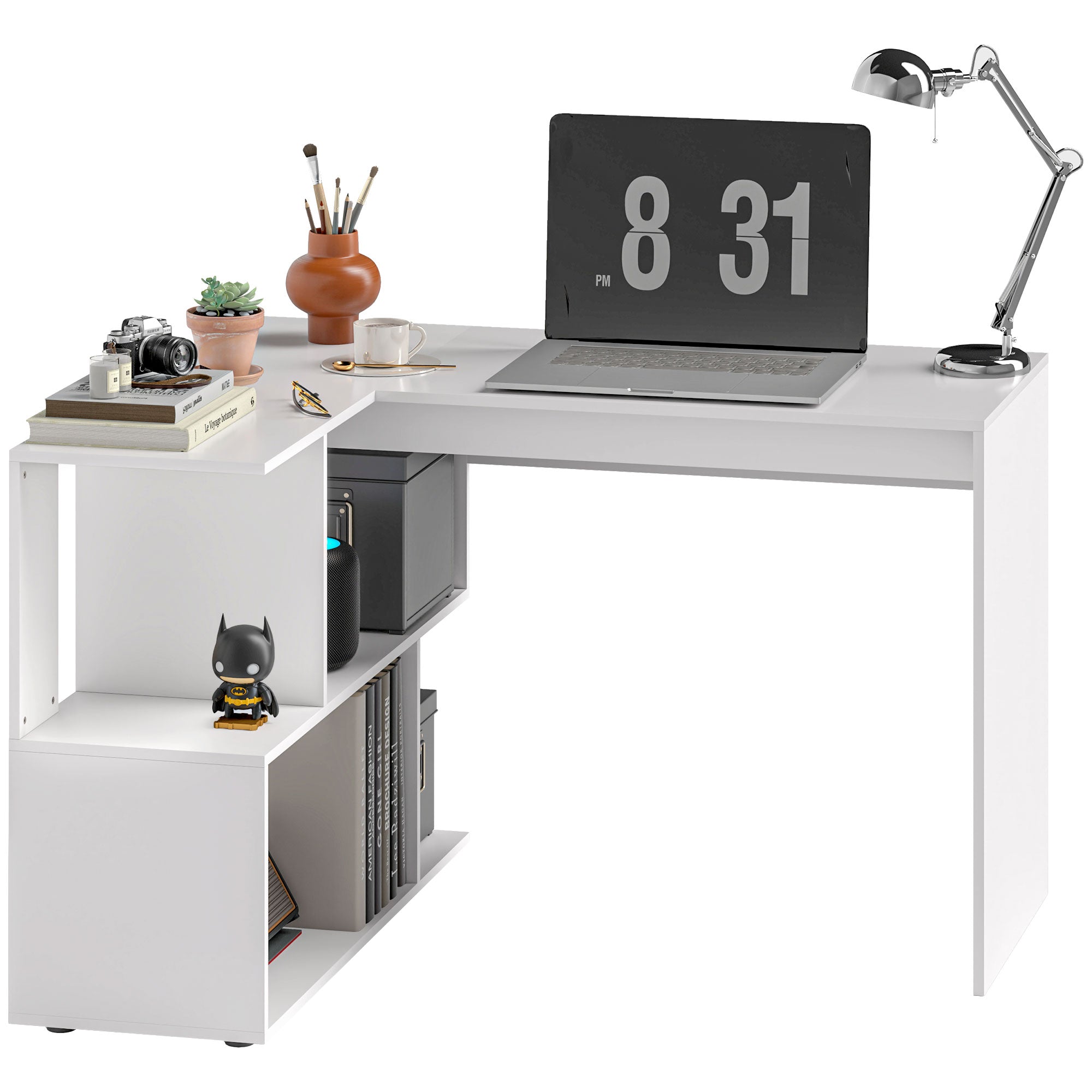 L-Shaped Corner Desk with 4 Shelves, Computer Corner Desk in Wood, Gaming Desk for Office, Living Room and Study, Modern Style, 120x100x77 cm, Glossy White