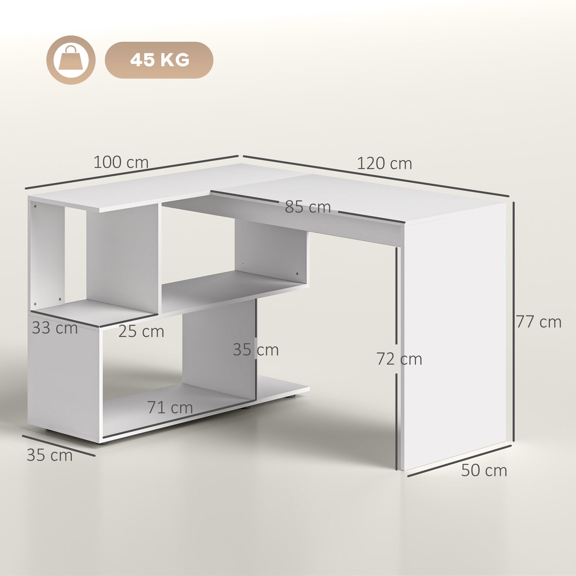 L-Shaped Corner Desk with 4 Shelves, Computer Corner Desk in Wood, Gaming Desk for Office, Living Room and Study, Modern Style, 120x100x77 cm, Glossy White